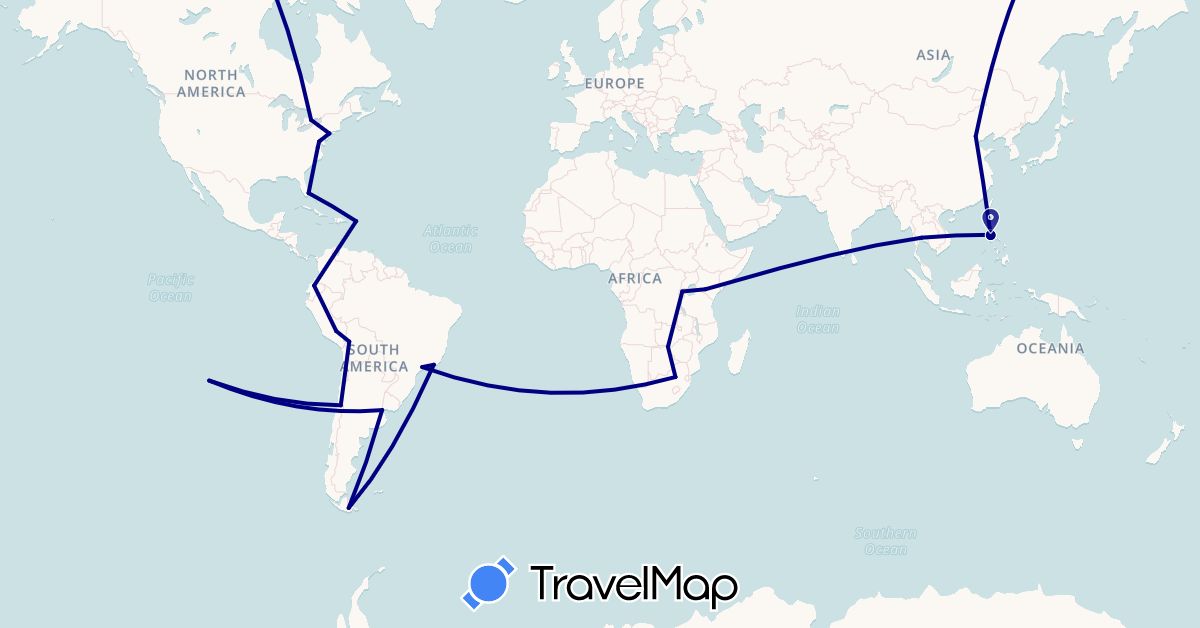 TravelMap itinerary: driving in Argentina, Bolivia, Brazil, Canada, Chile, China, Ecuador, Kenya, Peru, Philippines, Rwanda, Thailand, United States, South Africa, Zambia, Zimbabwe (Africa, Asia, North America, South America)